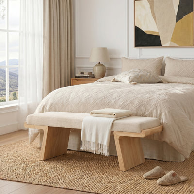 Gabriella Beige Cotton Linen Upholstered Rubberwood Entryway Bench with Natural Frame