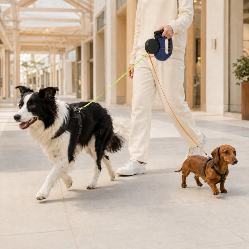 Laisse pour chien rétractable 2 en 1 pour deux chiens avec poignée ergonomique et frein à une main, Bleu