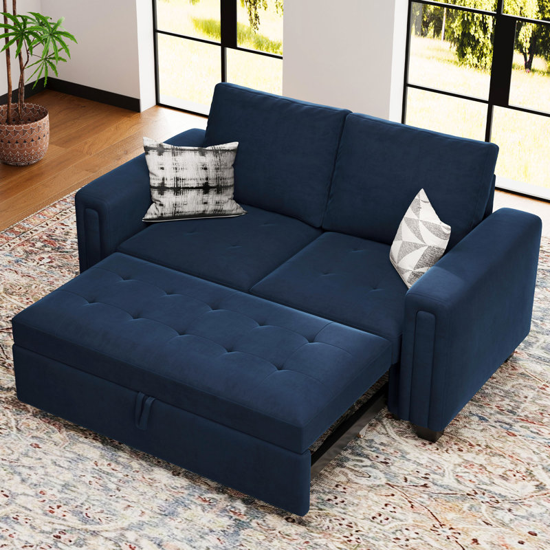 Shavera Velvet Modular Sectional Loveseat Sleeper Sofa With Pull Out Couch Bed For Living Room Apartment, Blue Velvet