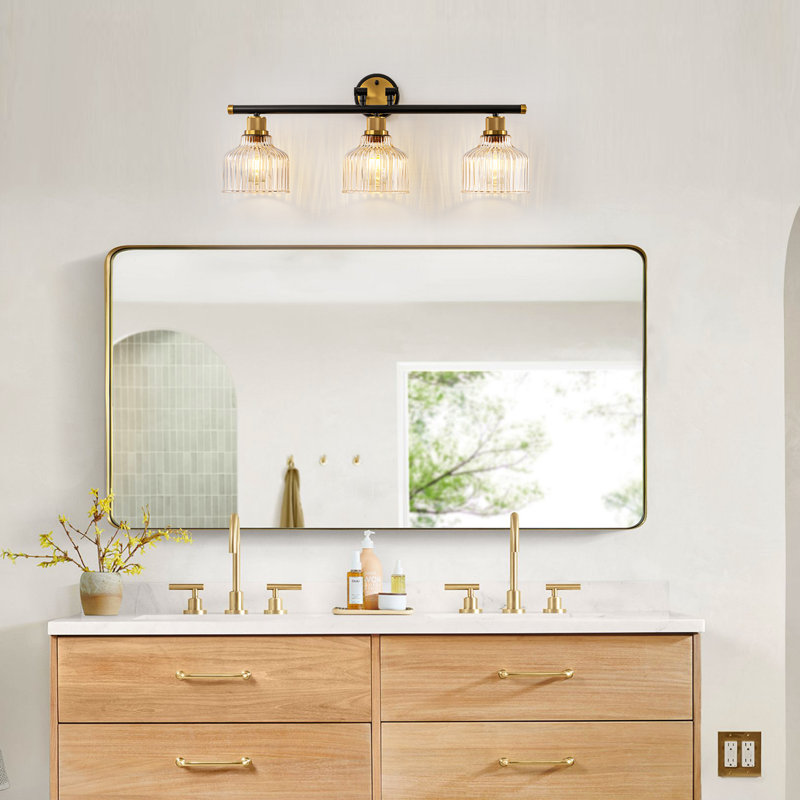 3-Light Black and Gold Bathroom Vanity Light with Clear Glass Shades