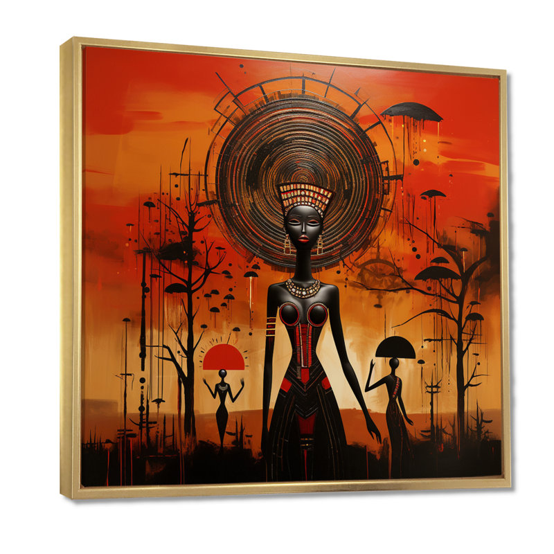 Pleine lune déesse, paysage abstrait minimal - art mural africain, Cadre flottant doré, H 16 po x l 16 po x P 1 po