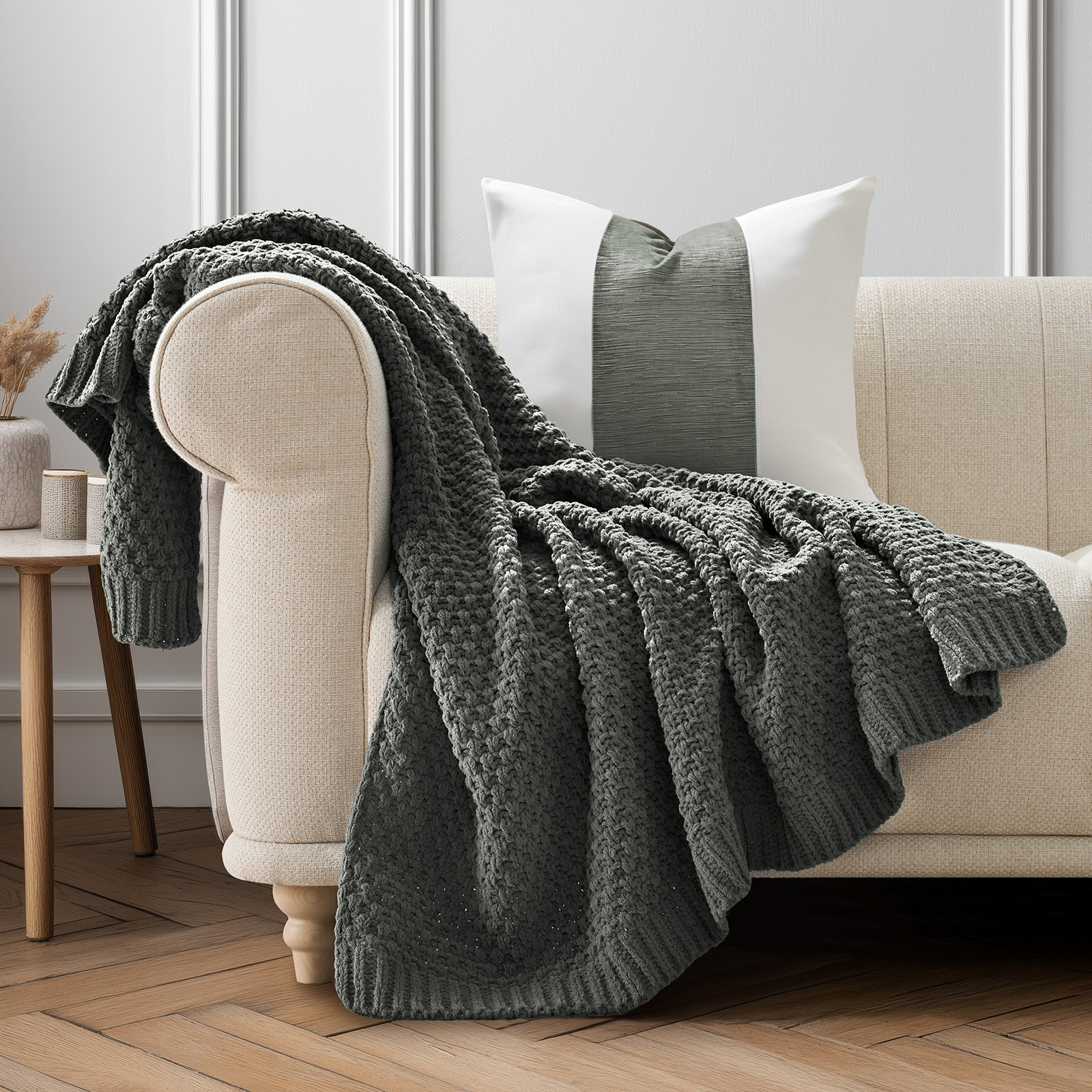 Chunky Chenille Knit Throw Blanket, 60" L x 50" W, Charcoal Gray