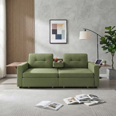 Loveseat Chenille Sofa with Storage Drawers, Foldable Side Tables & Cup Holder