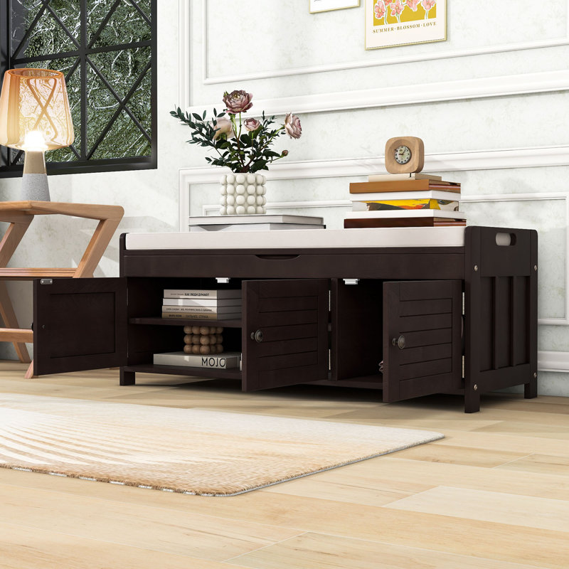 Linen Blend Upholstered Storage Bench, Espresso