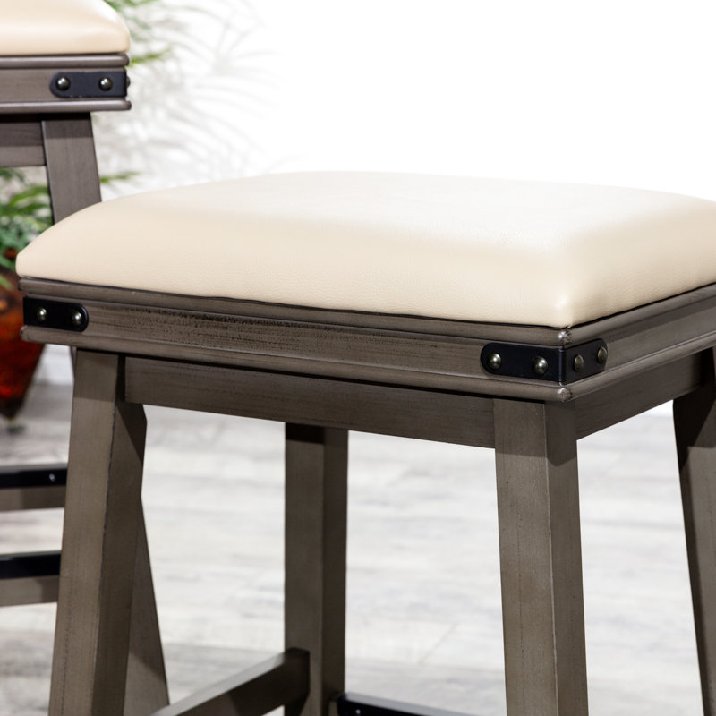 Tabouret de comptoir blanc antique de 24 po avec siège en cuir noir - Rehaussez votre style et votre confort intérieurs, Gris