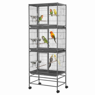 Grande cage à oiseaux de 74 po avec 3 cloisons, volière robuste pour perruches et conures, cage de reproduction noire avec plateaux coulissants pour abris multi-oiseaux, noir