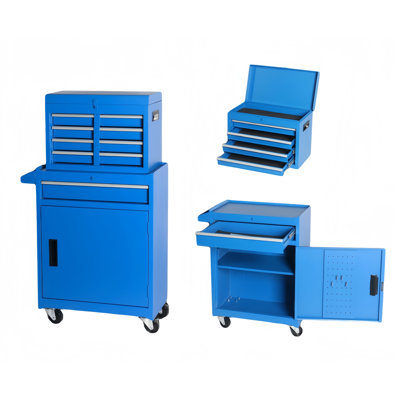 Coffre à outils, armoire de rangement à outils à 5 tiroirs avec coffre à outils amovible, doublure, roues verrouillables universelles, tablette réglable, mécanisme de verrouillage, chariot à outils en métal pour atelier de garage