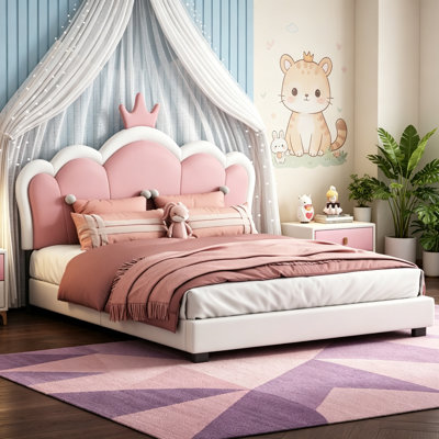Full Size Upholstered Princess Bed With Crown Headboard, Ideal For Girls' Rooms And Elegant Home Decor