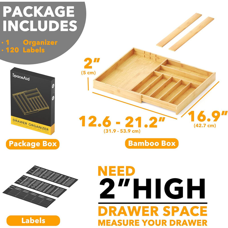 Natural Bamboo Adjustable Silverware Drawer Organizer with Labels