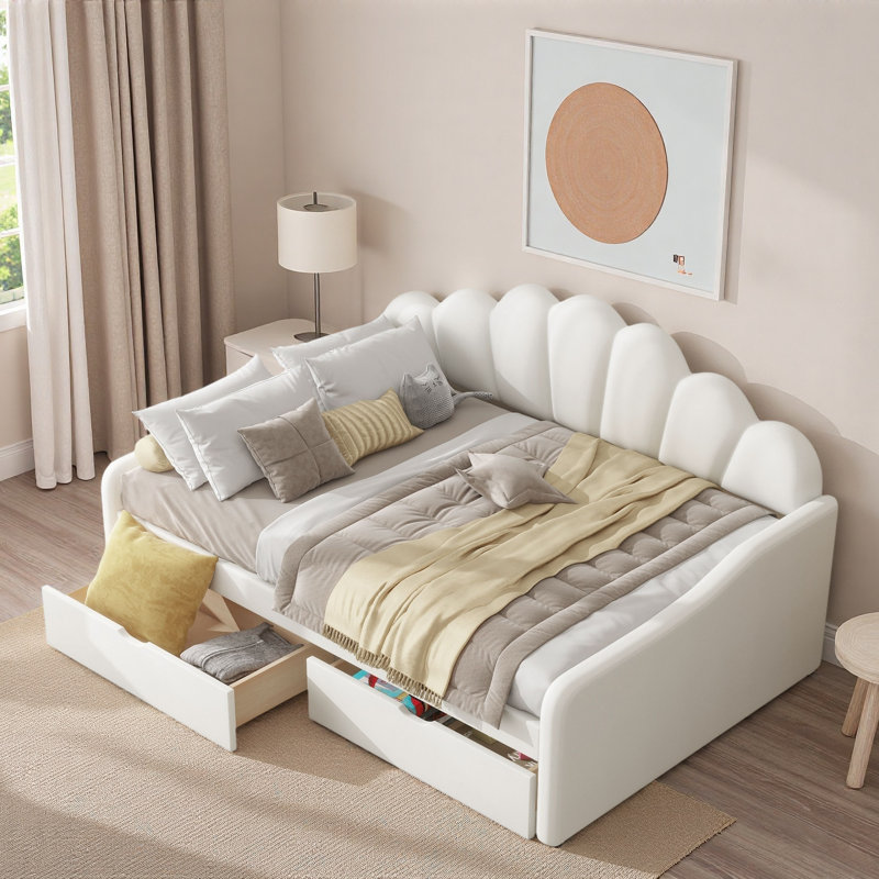 Lit de jour rembourré pleine grandeur avec dossier coquille et 2 tiroirs, beige, robuste et peu encombrant pour la chambre à coucher ou la chambre d'amis