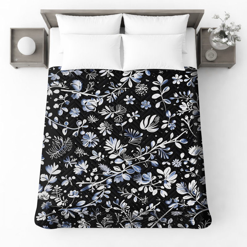 Couvre-lit matelassé noir et blanc à motif floral toutes tailles, Lit simple