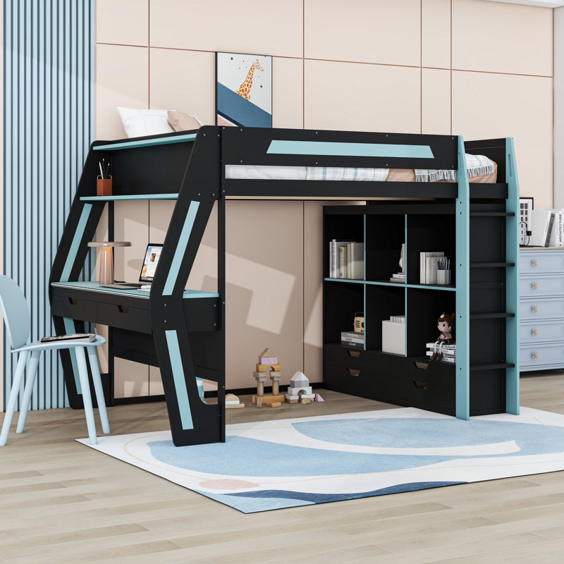 Lit mezzanine avec bureau, lumières DEL, ports de chargement USB, 6 casiers de rangement et 6 tiroirs, Black Blue