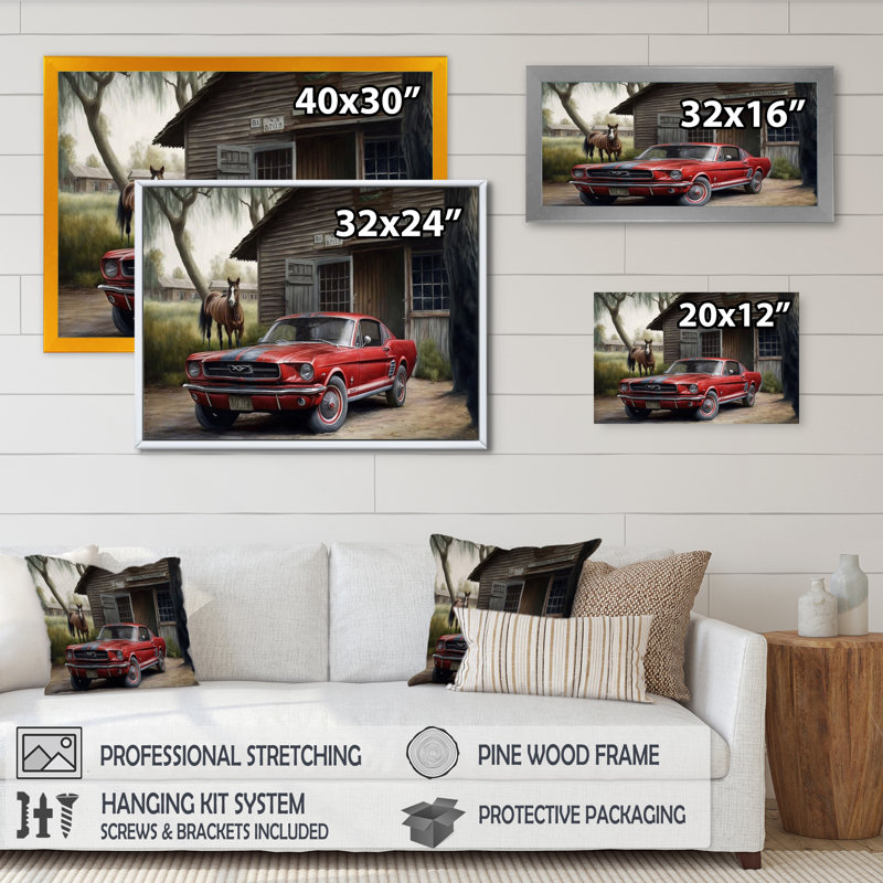 «Red Mustle Car on a Ranch», reproduction sur toile, L 20 po x H 12 po, Toile tendue