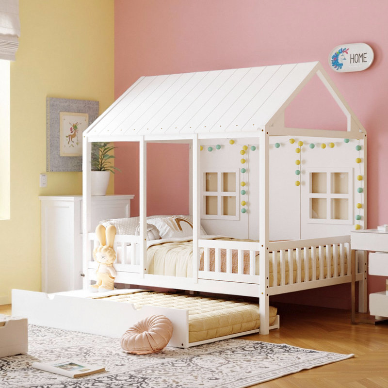 Kids Bed Cottage Style Playhouse Platform Bed With Trundle, Full