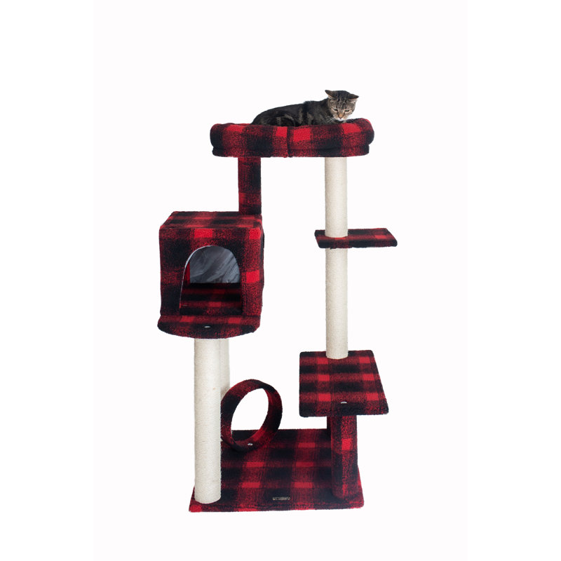 50-Inch Red and Black Plaid Sisal Cat Tree with Lounger