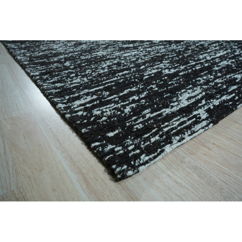 Black Flat Weave Wool Striated Texture Geometric Modern Contemporary Carpet Rug, 3' x 12'