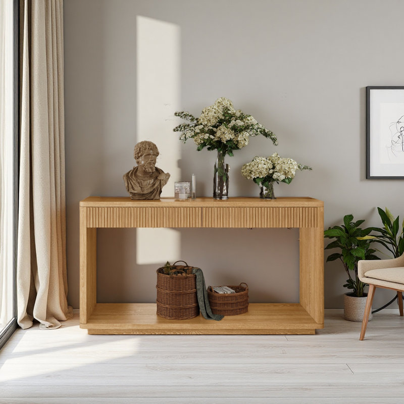 Console cannelée 60 po à 2 tiroirs de 60 po pour salon, couloir, vestibule, bureau à domicile, Bois naturel