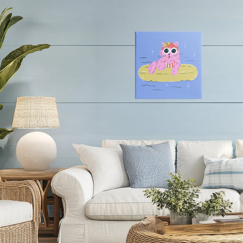 Summer Pool Float Cat Canvas, design by Krissy Mast, 17" H x 17" W