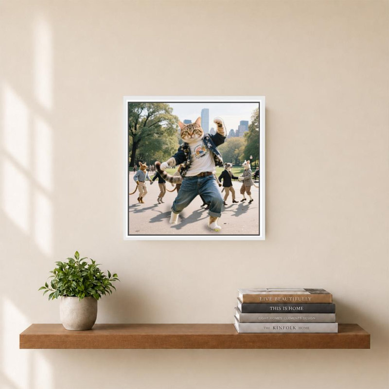 «Cat Dancing Central Park» par CAD Designs - impression sur toile, H 24 po x l 24 po, Cadre flottant biseauté, Blanc