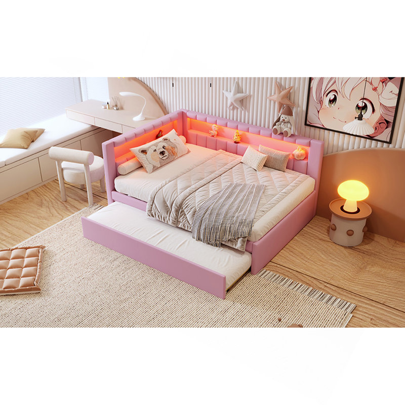 Lit plateforme tapissier pleine grandeur avec ports USB et ceinture à DEL, avec lit gigogne, rose, Double