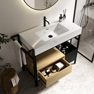 Meuble-lavabo industriel de 36 pouces avec tiroir à fermeture en douceur, rangement ouvert et installation, avec un bassin en marbre artificiel lisse, cadre en métal robuste de 36 po, lavabo en pierre sans soudure, serviette réglable
