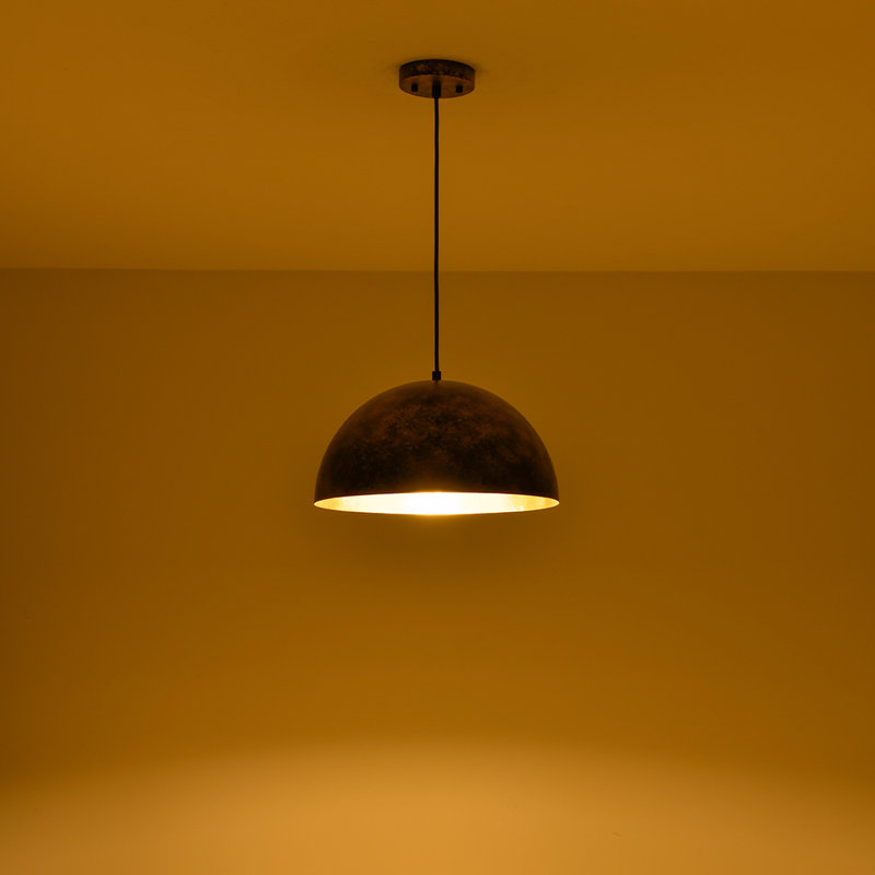 Rusty Industrial 1 - Light Gold Leaf Inner Metal Dome Pendant, 7.5" H x 15" W x 15" D