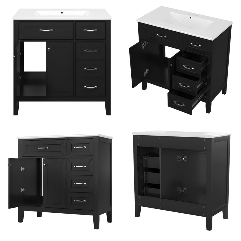 Meuble-lavabo noir 36 po avec lavabo en céramique, armoire en bois massif et tiroirs pour salle de bain moderne, Noir