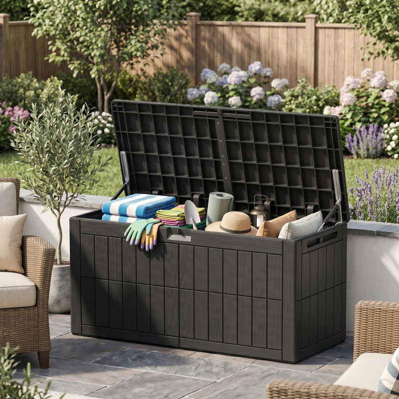 Boîte de rangement extérieure imperméable 100 gallons, boîte de terrasse verrouillable, outil de jardin pour meubles de patio, noir