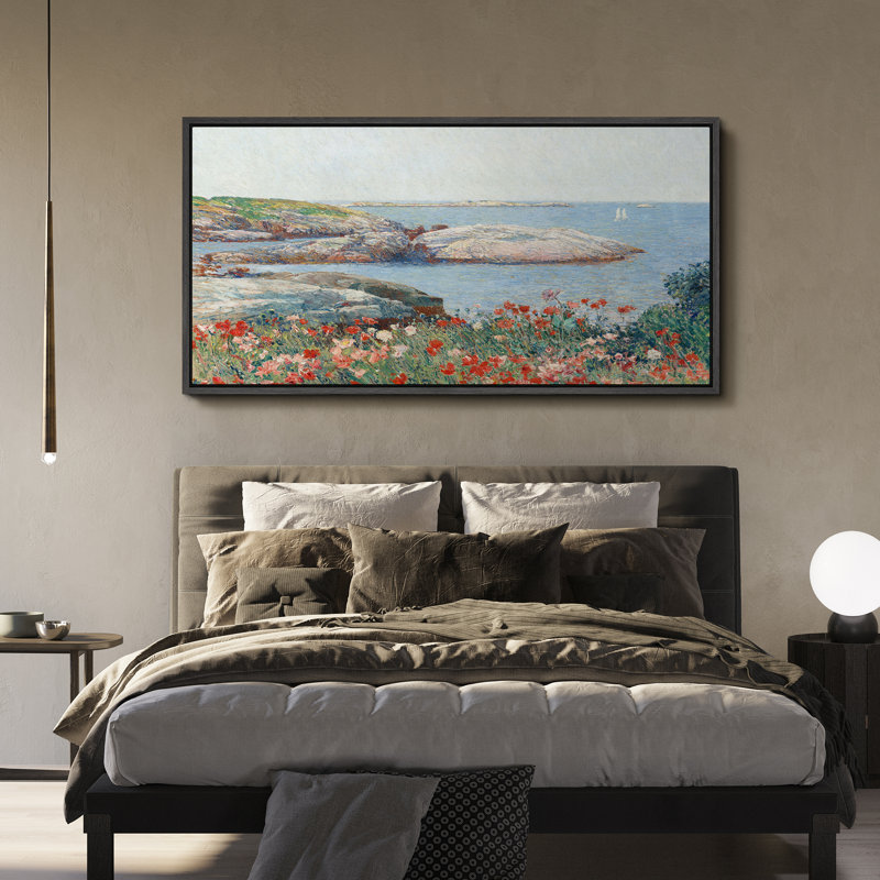 Coastal Beach Seaside Coastal Landscape with Blooming Flowers Antique Retro Fine Art Art, impression encadrée colorée
