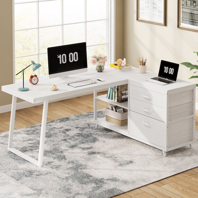 Bureau d'ordinateur profilé avec 3 tiroirs et tablettes de rangement, bureau d'angle réversible pour bureau à domicile, Blanc