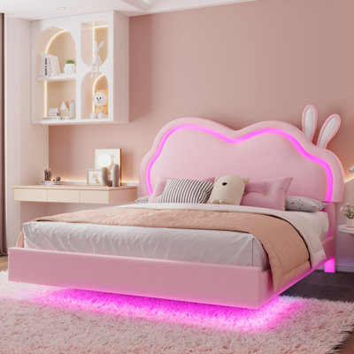 Structure de lit flottante pour enfant avec tête de lit DEL ajustable et revêtement en cuir Zoomie