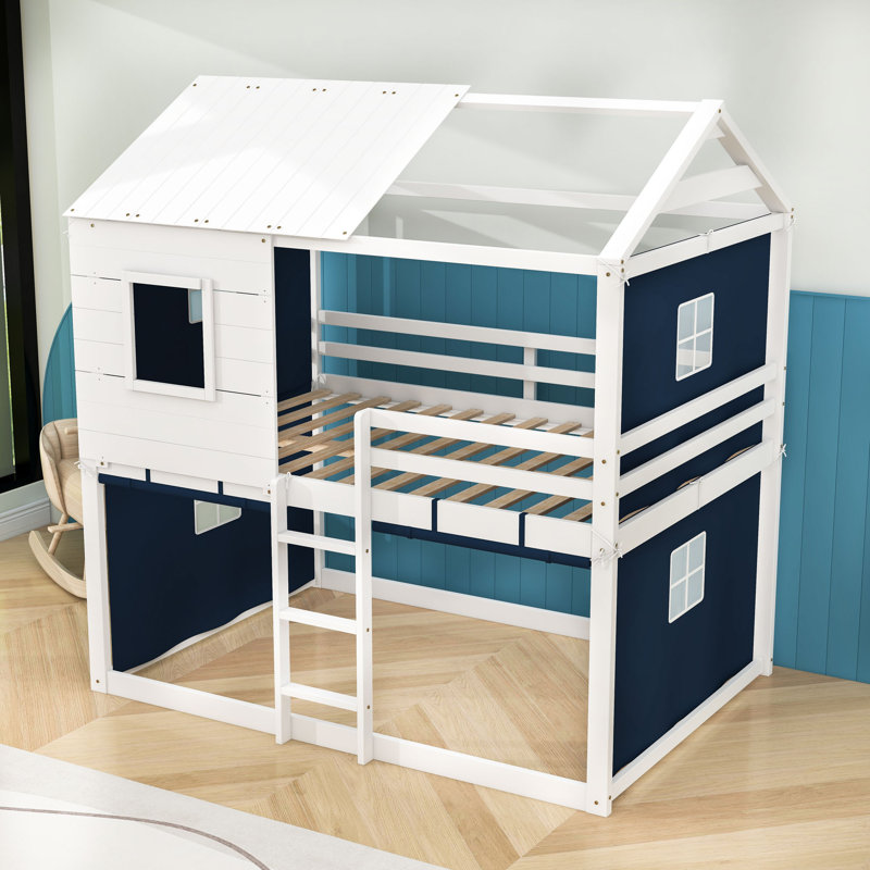 Wood House Bed With Tent And Ladder, Blue White, Full over Full