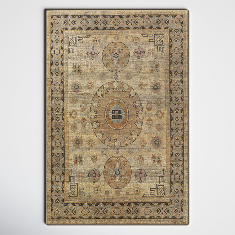 Robby Oriental Hand-Knotted Wool Beige/Black/Brown Area Rug, Rectangle 2' x 3'