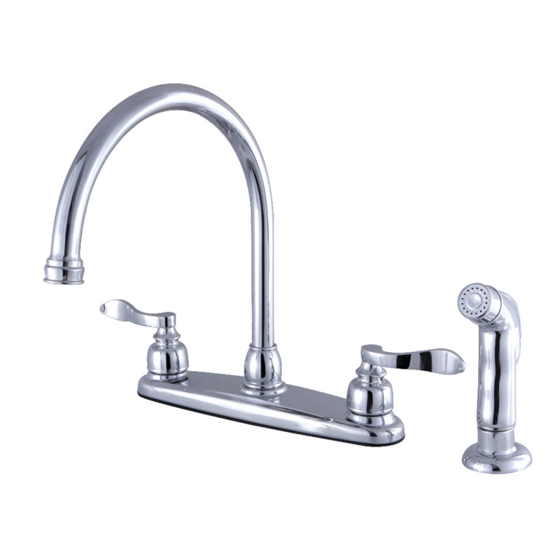 Kingston Brass NuWave French Two-Handle 4-Hole 8" Centerset Kitchen Faucet with Side Sprayer, Polished Chrome