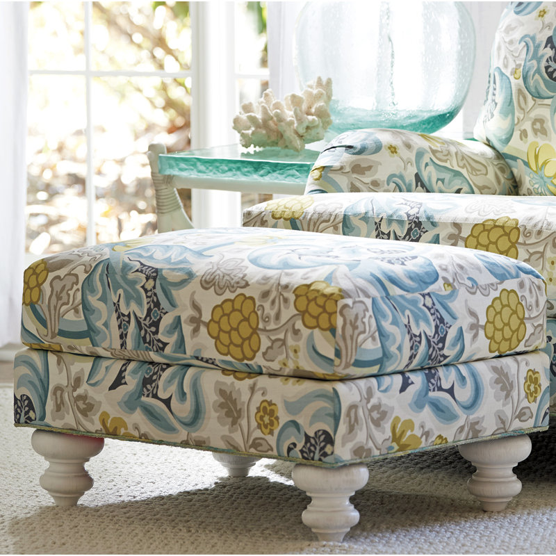 Seashell White Gilmore Solid Wood Ottoman with Cotton Blend Upholstery
