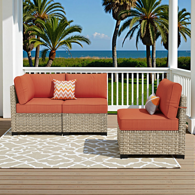 3-Piece Wicker Modular Patio Conversation Set With Cushions, Orange/Red