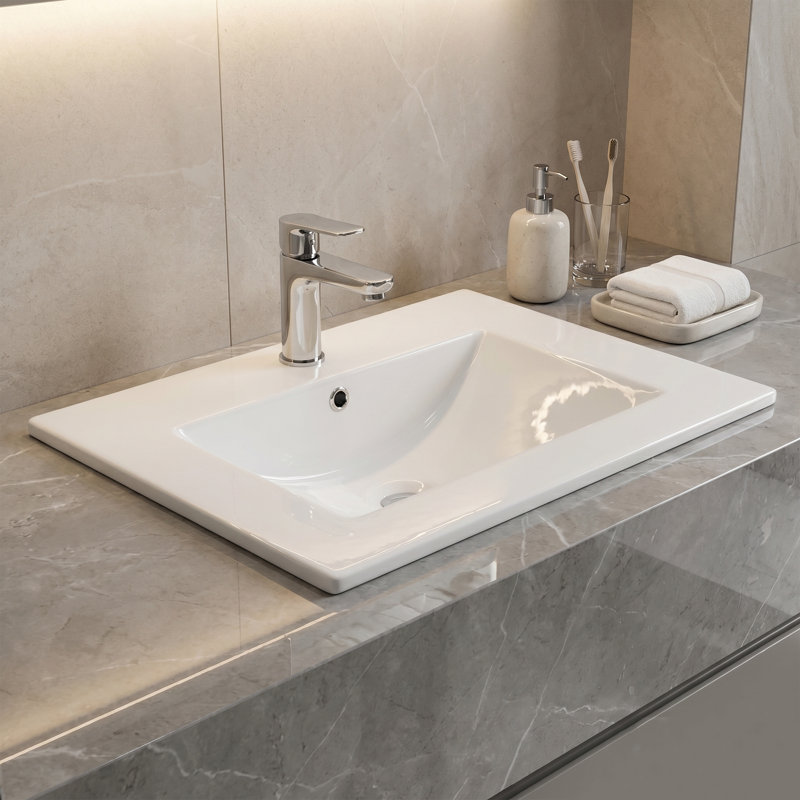 Lavabo de salle de bain rectangulaire moderne encastrable 24 po, lavabo en céramique blanc avec trop-plein, trou unique pour la rénovation de la salle de bain