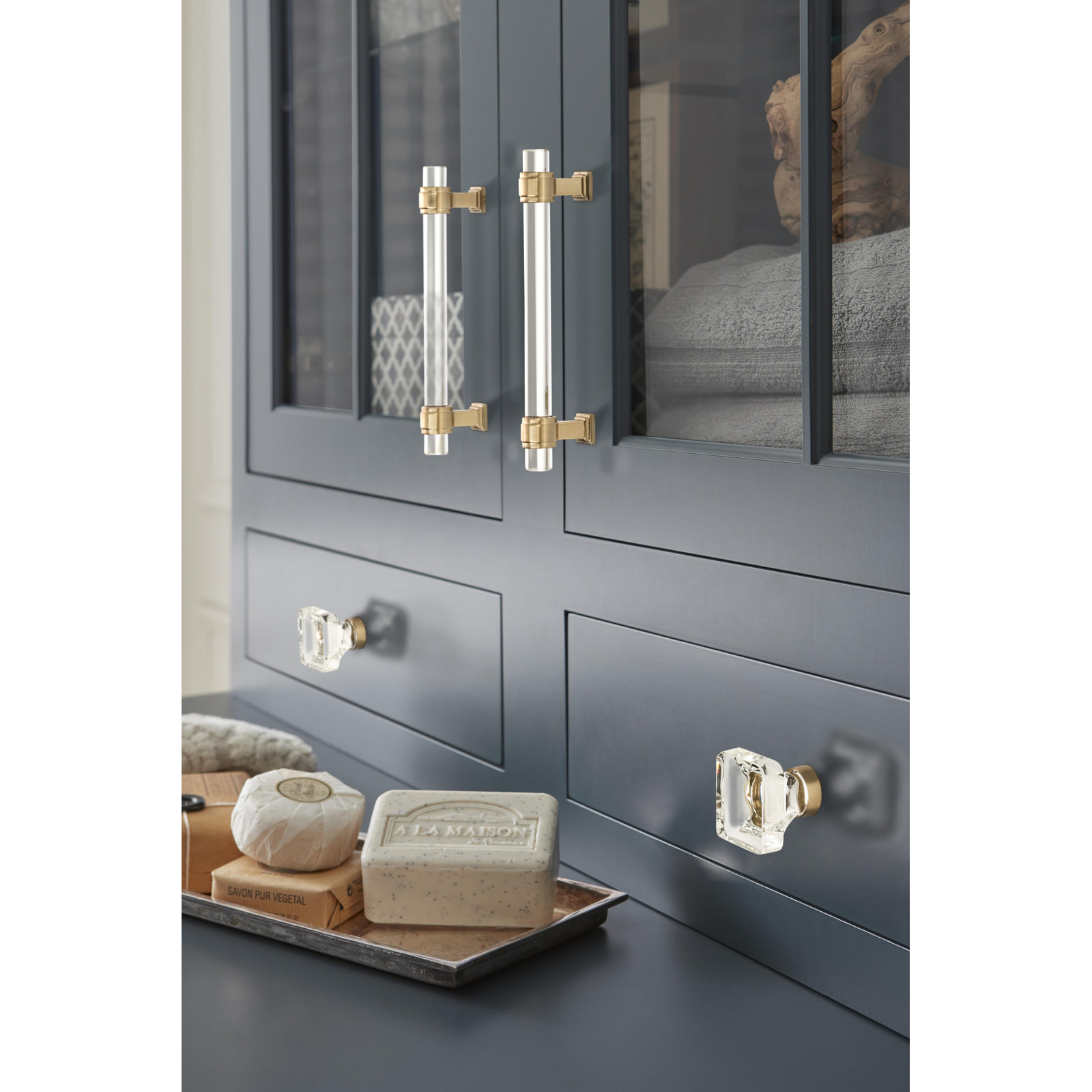 Glacio Square Cabinet Knob, Clear/Champagne Bronze