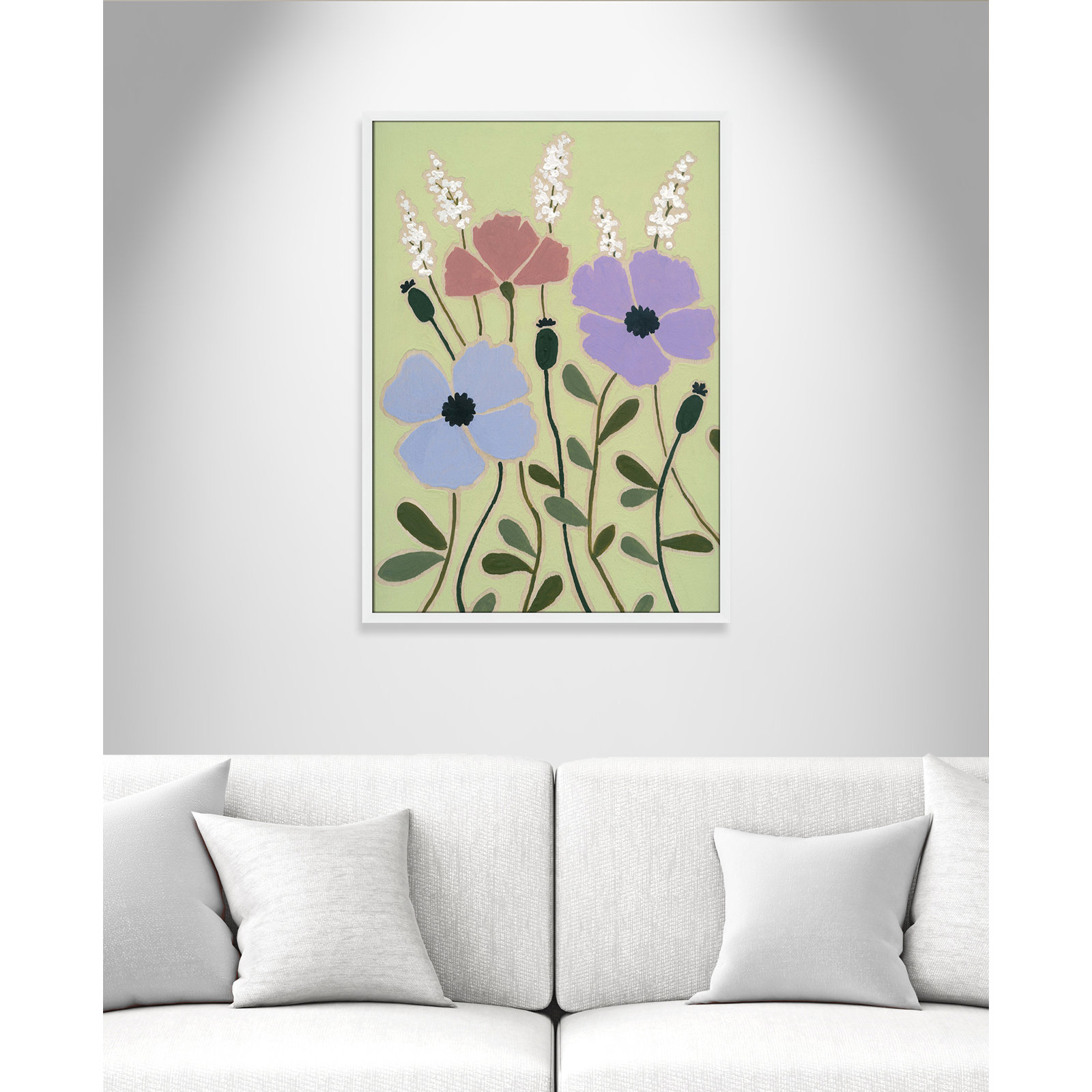 Maura "Woodblock Floral III" Print, 35.5" H x 25.5" W x 1.25" D, Satin White Framed