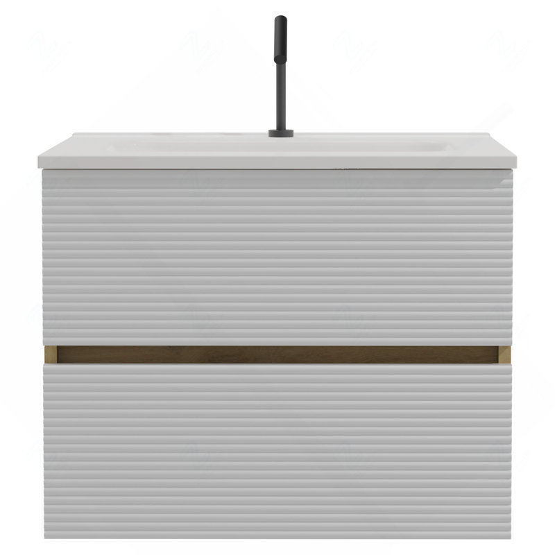 Ensemble de meuble-lavabo mural blanc mat et chêne naturel 24 po avec lavabo intégré en céramique avec trop-plein, pré-assemblé