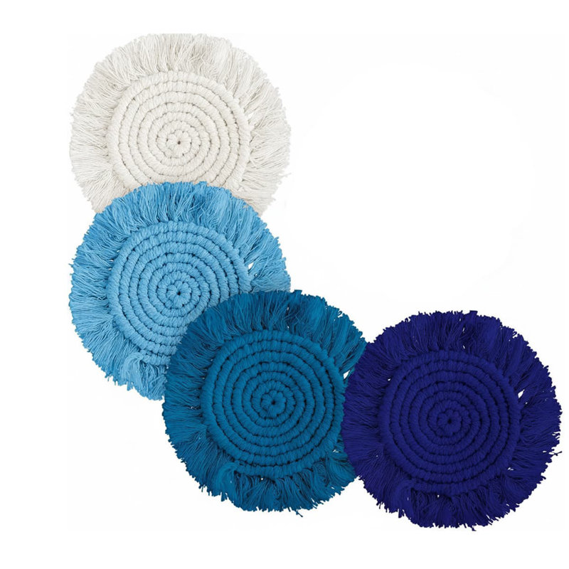 4-Pack Boho Macrame Coasters - Handmade Woven Table Decor, Blue