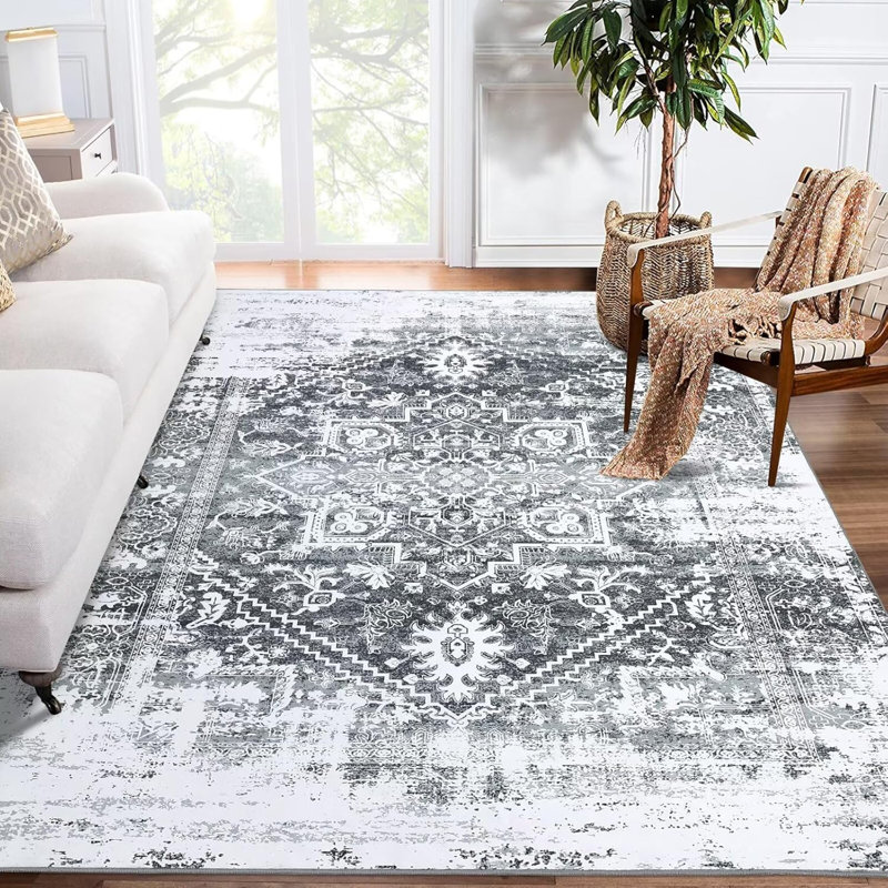 Washable Vintage Runner – Non-Slip, Foldable, Thin Distressed Rug for Hallway, Kitchen, Bathroom (Blue), Rectangle 8' x 10'