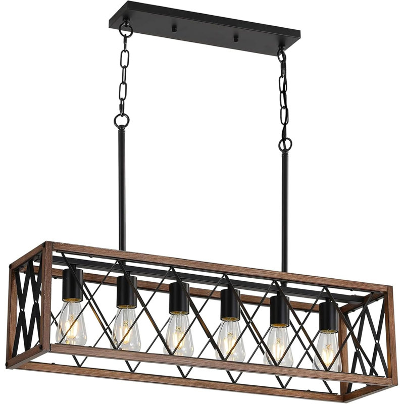 Éclairage pour îlot de cuisine Farmhouse, lustre rustique avec finition grain de bois, luminaire réglable à 6 lumières pour la salle à manger, la cuisine et le bar