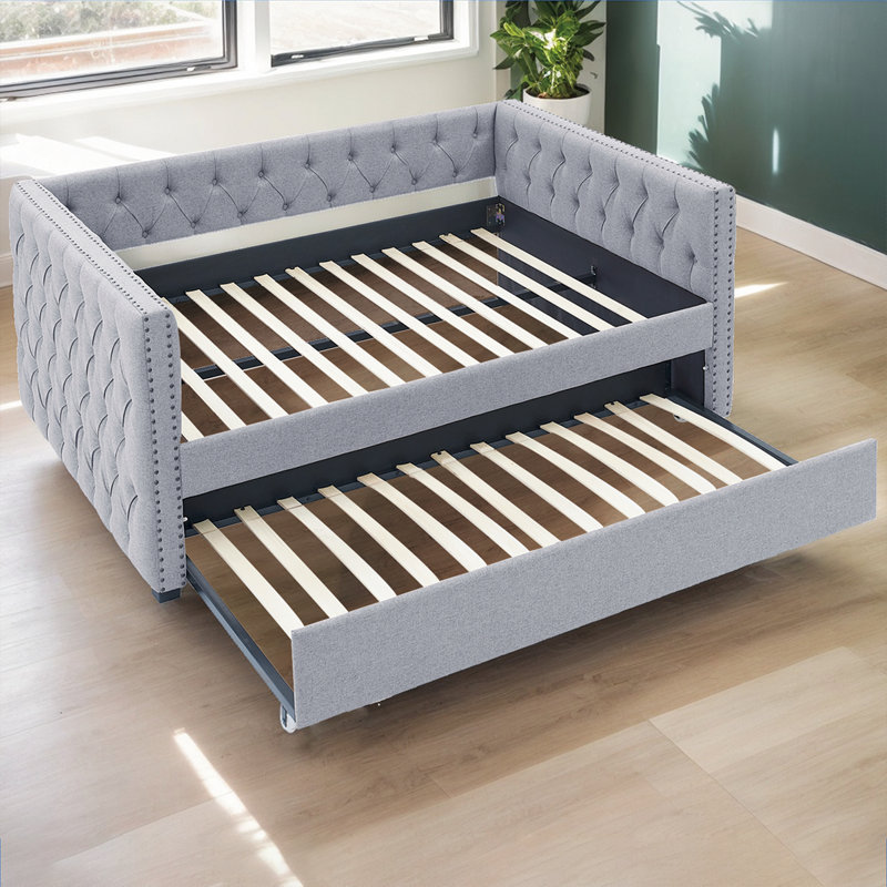 Mid-Century Upholstered Daybed With Pull-Out Trundle - Button-Tufted Sofa Bed For Living Room & Guest Space, Gray