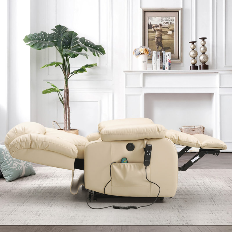 Dual Motor Large Power Lift Recliner with Massage and Heat,USB, Beige Leather Match