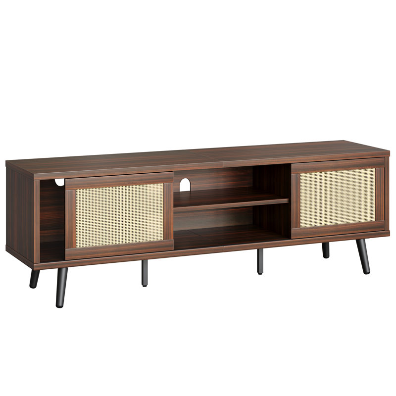 Meuble télé pour téléviseur de 70 po ou moins avec porte coulissante en rotin Mataia Boho, Cerisier