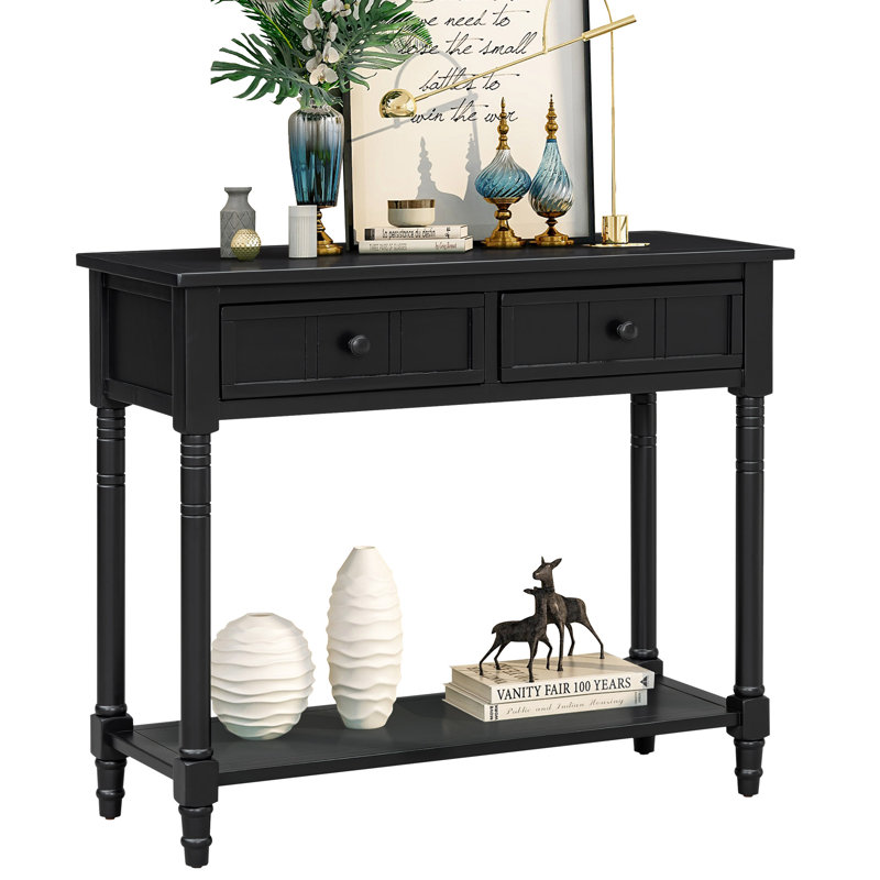 Farmhouse Narrow Console Table With 2 Drawers And Bottom Shelf, Black