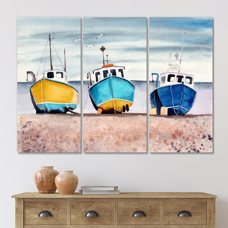 Nautique trois bateaux de pêche colorés Sandy Seashore, art mural - Bateaux de pêche, H 28 po x l 36 po x P 1 po