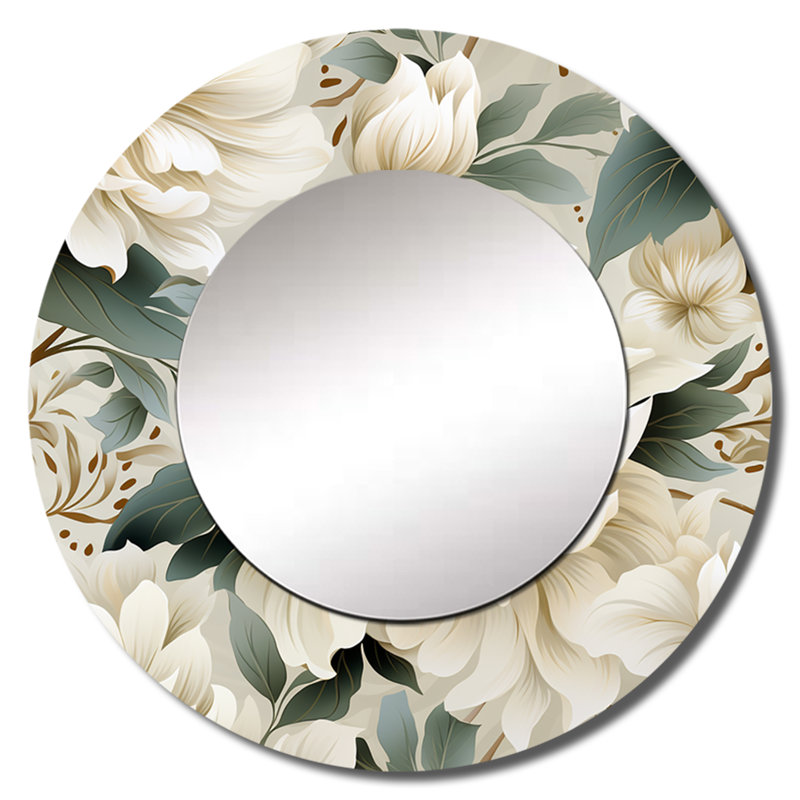 Motif subtil Mandalas Ii Boho - miroir mural floral unique, miroir rond blanc, impression d'art en métal, 36 po x 36 po