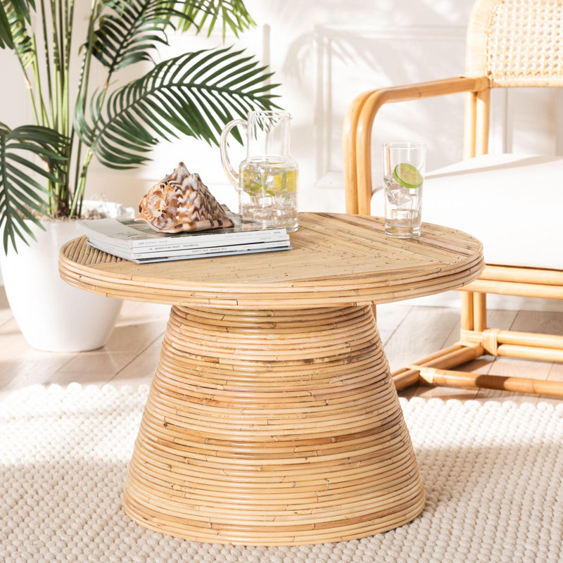 Bella 28 in. Natural Round Rattan and Mahogany Wood Coffee Table